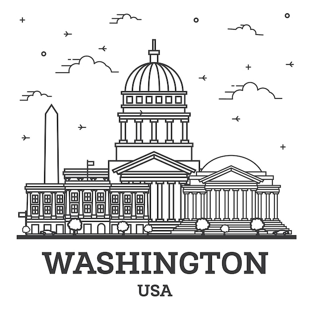 Esquema del horizonte de la ciudad de Washington DC, EE. UU. con edificios modernos y reflejos aislados en blanco
