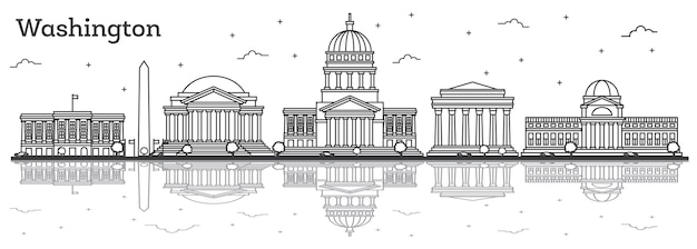 Vector esquema del horizonte de la ciudad de washington dc, estados unidos, con edificios modernos y reflejos aislados en blanco. ilustración de vector. paisaje urbano de washington dc con hitos.