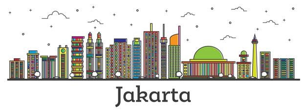 Esquema del horizonte de la ciudad de Yakarta Indonesia con edificios de colores aislados en blanco. Ilustración de vector. Paisaje urbano de Yakarta con hitos.