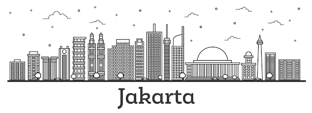 Esquema del horizonte de la ciudad de yakarta indonesia con edificios modernos aislados en blanco. ilustración de vector. paisaje urbano de yakarta con hitos.