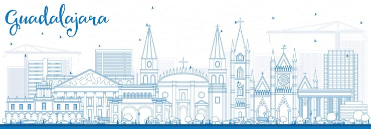 Vector esquema del horizonte de guadalajara con edificios azules. ilustración de vector. concepto de turismo y viajes de negocios con arquitectura histórica. imagen para el cartel de presentación y el sitio web.