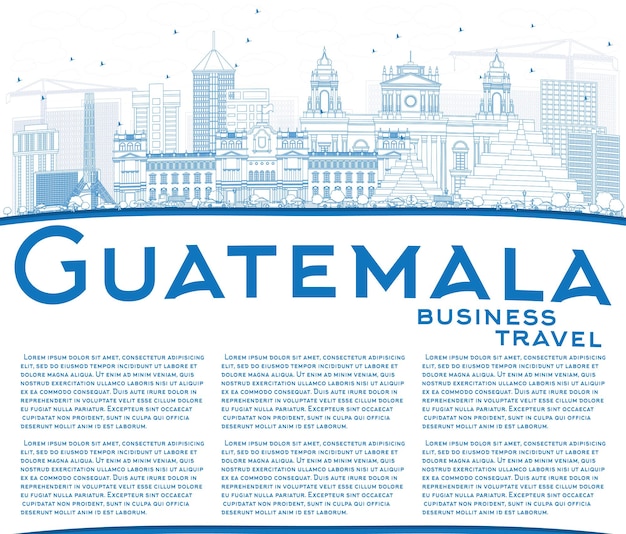 Esquema del horizonte de guatemala con edificios azules y copie el espacio. ilustración de vector. concepto de turismo y viajes de negocios con arquitectura moderna. imagen para el cartel de presentación y el sitio web.
