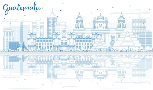 Vector esquema del horizonte de guatemala con edificios azules y reflejos. ilustración de vector. concepto de turismo y viajes de negocios con arquitectura moderna. imagen para el cartel de presentación y el sitio web.