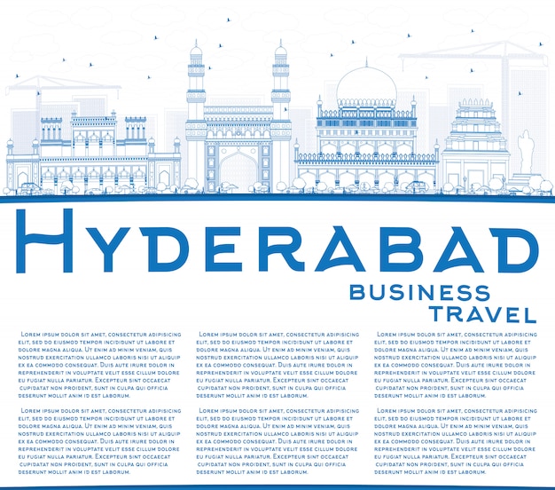 Esquema del horizonte de Hyderabad con hitos azules y espacio de copia.