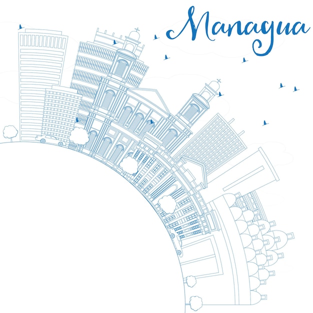 Esquema del horizonte de managua con edificios azules y copie el espacio. ilustración de vector. concepto de turismo y viajes de negocios con arquitectura moderna. imagen para el cartel de presentación y el sitio web.