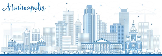 Vector esquema del horizonte de minneapolis minnesota estados unidos con edificios azules. ilustración de vector. concepto de turismo y viajes de negocios con arquitectura moderna.