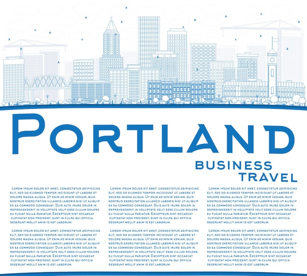 Esquema del horizonte de portland con edificios azules y copie el espacio. ilustración de vector. concepto de turismo y viajes de negocios con arquitectura moderna. imagen para el cartel de presentación y el sitio web.