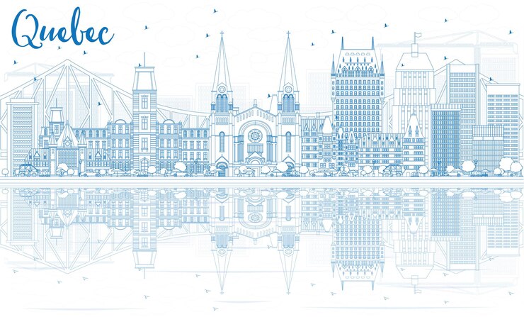 Vector esquema del horizonte de quebec con edificios azules. ilustración de vector. concepto de turismo y viajes de negocios con arquitectura histórica. imagen para el cartel de presentación y el sitio web.