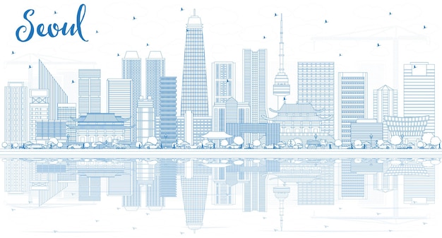 Vector esquema del horizonte de seúl corea con edificios azules y reflejos. ilustración de vector. concepto de turismo y viajes de negocios con arquitectura moderna. paisaje urbano de seúl con hitos.