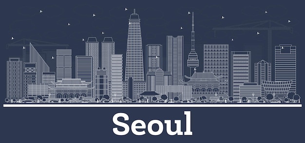 Esquema del horizonte de Seúl Corea con edificios blancos. Ilustración de vector. Concepto de turismo y viajes de negocios con arquitectura moderna. Paisaje urbano de Seúl con hitos.