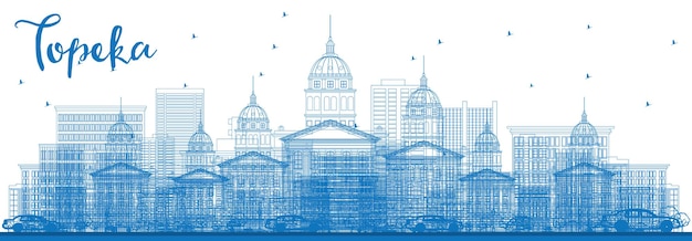 Esquema del horizonte de topeka con edificios azules. ilustración de vector. concepto de turismo y viajes de negocios con arquitectura moderna. imagen para el cartel de presentación y el sitio web.