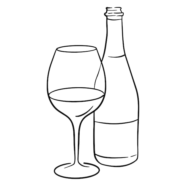 Esquema de ilustración en blanco y negro de copa de vino y botella