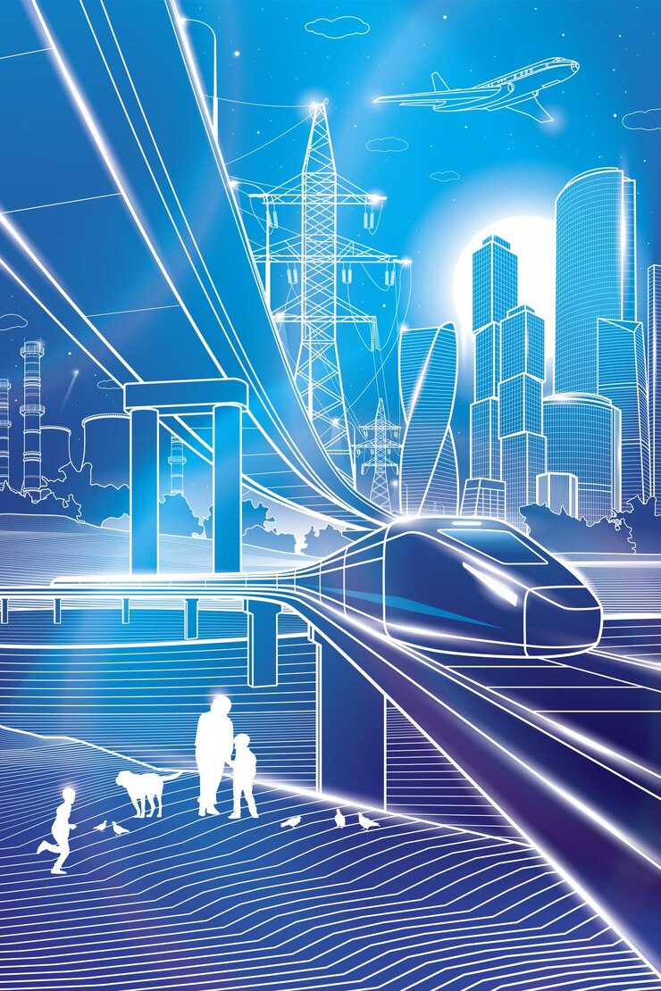Vector esquema de la ilustración de la ciudad. imagen de la vida de la ciudad con brillo de neón. puente del ferrocarril. paso elevado de coches. paseos en tren