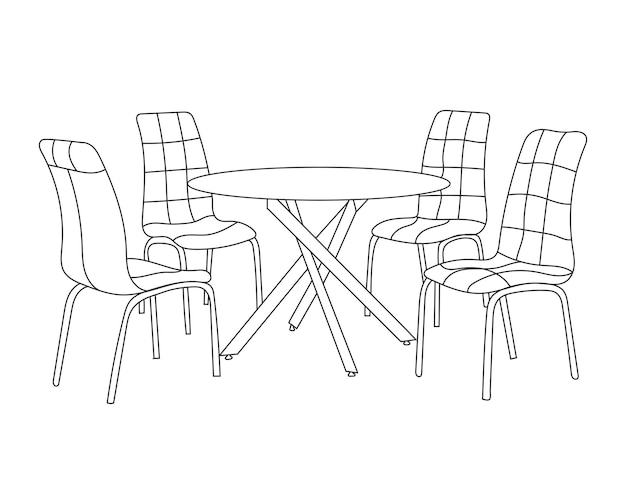 Esquema ilustrado de sillas de comedor y mesa puesta en un restaurante con fondo blanco