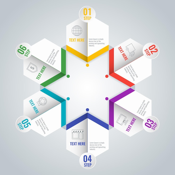 Vector esquema de infografía empresarial con seis pasos en forma de estrella.