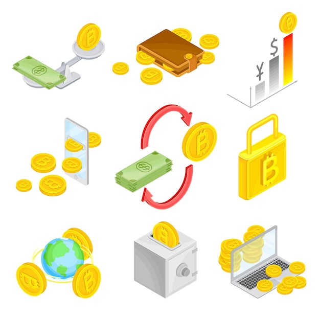 Vector esquema de intercambio de monedas de oro de divisas isométricas de bitcoin y conjunto vectorial de gráficos de ganancias