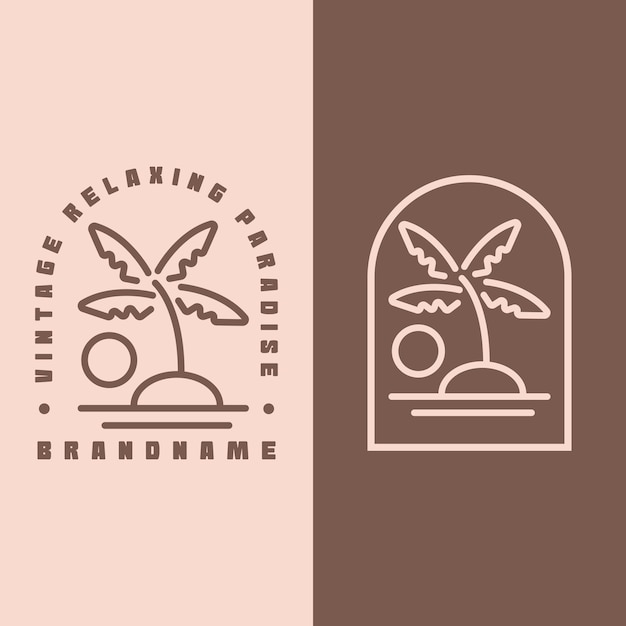Esquema de isla tropical con palmera, amanecer o atardecer y vector de diseño de logotipo de onda