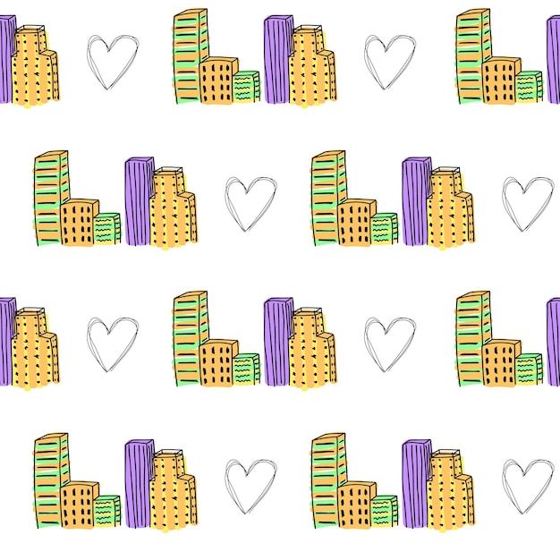 Esquema de línea de silueta de un patrón de gran ciudad fondo blanco doodle corazones y casa