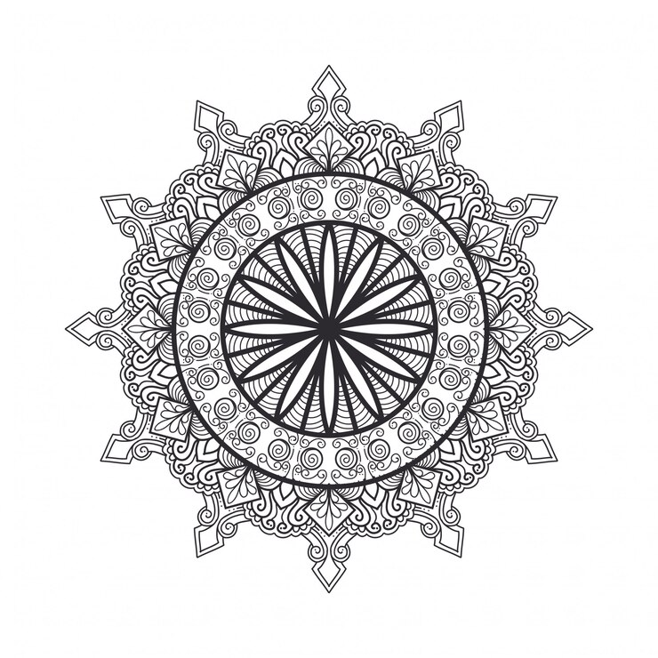 Esquema Mandala para colorear. Adorno redondo decorativo. Patrón de terapia antiestrés. Elemento de diseño de tejido. Logotipo de yoga, fondo para el cartel de meditación. Vector de línea oriental de forma de flor inusual.