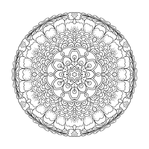 Esquema mandala para colorear libro. Adorno redondo decorativo. Patrón de terapia antiestrés.