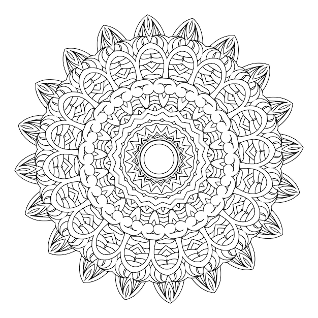 Esquema de mandala ornamental floral blanco y negro de patrón circular para páginas para colorear de adultos