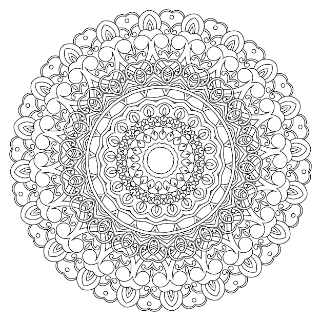 Esquema de mandala ornamental floral blanco y negro de patrón circular para páginas para colorear de adultos
