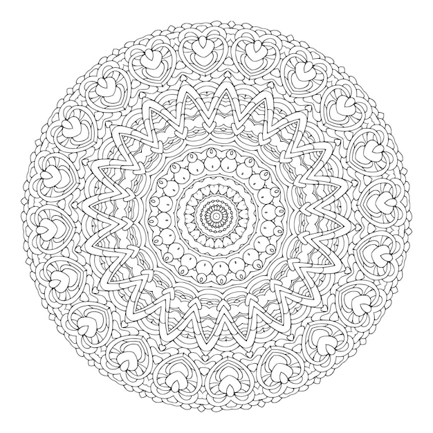 Esquema de mandala ornamental floral blanco y negro de patrón circular para páginas para colorear de adultos