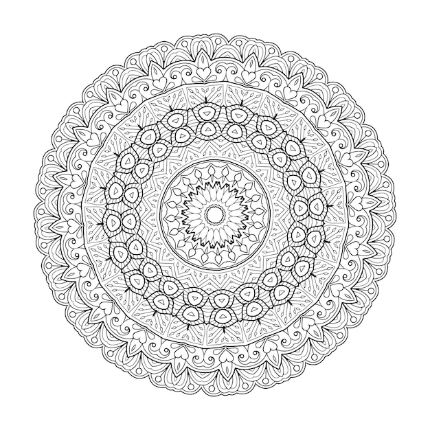 Esquema de mandala ornamental floral blanco y negro de patrón circular para páginas para colorear de adultos