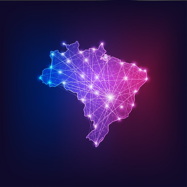 Esquema de mapa de conectividad de Brasil con marco abstracto de estrellas y líneas.