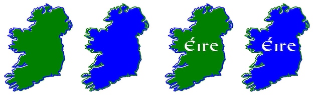 Esquema del mapa de Irlanda (toda la isla con la parte norte británica). El relleno y el trazo son colores nacionales. También versión con texto "Eire" (traducción irlandesa del nombre del país) en fuente celta.