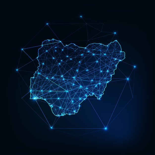 Esquema del mapa de Nigeria con marco abstracto de estrellas y líneas. Comunicación, concepto de conexión.