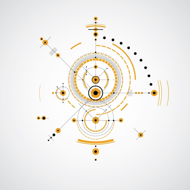 Esquema mecánico, dibujo de ingeniería vectorial amarillo con círculos y partes geométricas del mecanismo. El plan técnico se puede utilizar en diseño web y como fondo de pantalla.