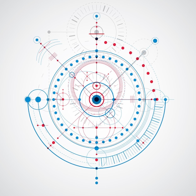 Esquema mecánico, dibujo de ingeniería vectorial azul con círculos y partes geométricas del mecanismo. el plan técnico se puede utilizar en diseño web y como fondo de pantalla.