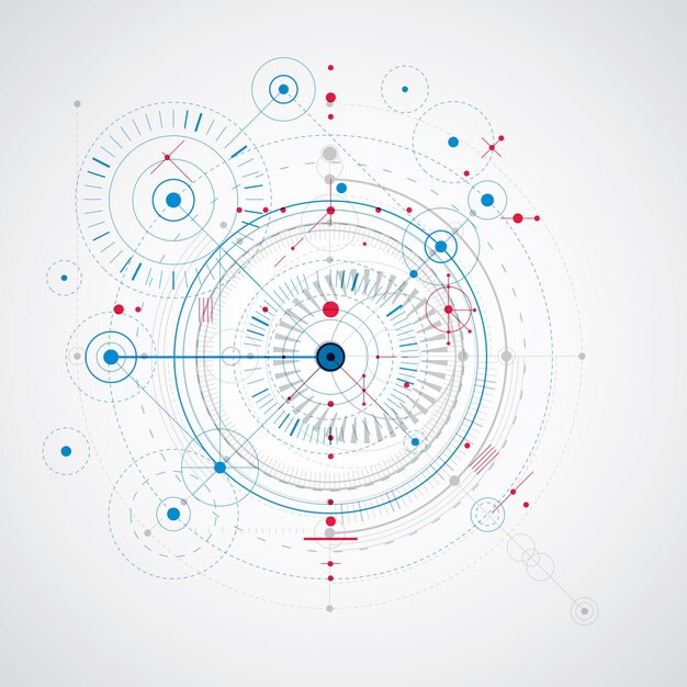 Esquema mecánico, dibujo de ingeniería vectorial azul con círculos y partes geométricas del mecanismo. El plan técnico se puede utilizar en diseño web y como fondo de pantalla.
