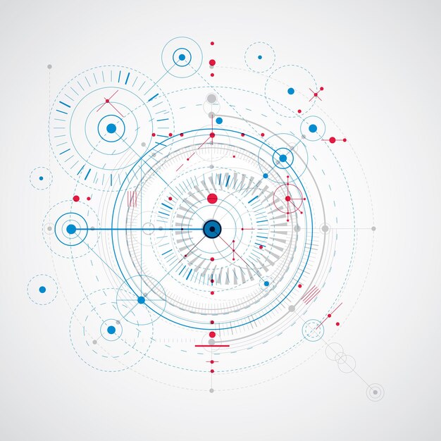 Esquema mecánico, dibujo de ingeniería vectorial azul con círculos y partes geométricas del mecanismo. el plan técnico se puede utilizar en diseño web y como fondo de pantalla.