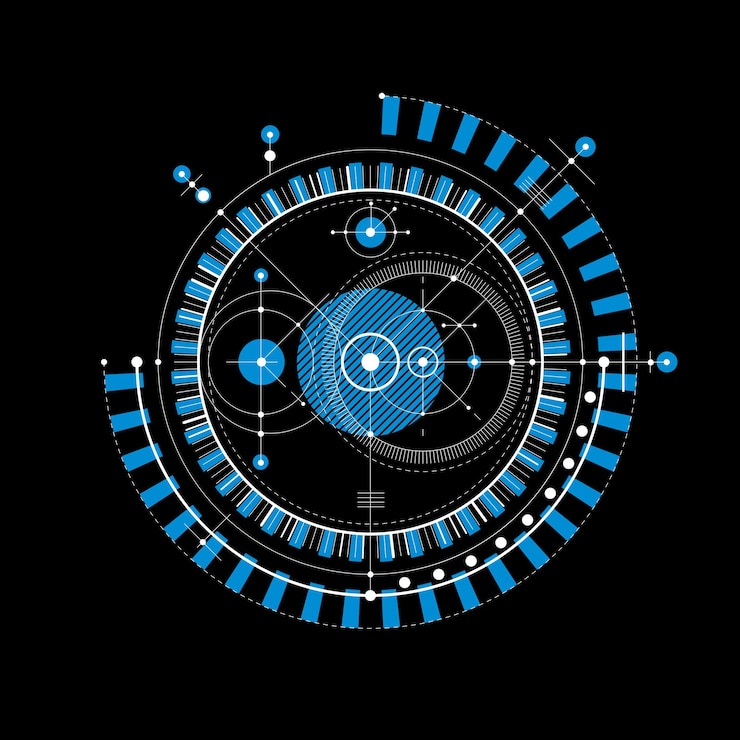 Vector esquema mecánico, dibujo de ingeniería vectorial azul con círculos y partes geométricas del mecanismo. el plan técnico se puede utilizar en diseño web y como fondo de pantalla.