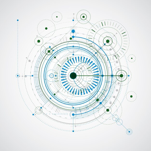 Esquema mecánico, dibujo de ingeniería vectorial azul y verde con círculos y partes geométricas del mecanismo. El plan técnico se puede utilizar en diseño web y como fondo de pantalla.