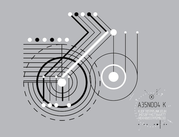 Esquema mecánico, dibujo de ingeniería vectorial con círculos y líneas. El plan técnico se puede utilizar en el diseño web y como papel tapiz o fondo. Ilustración gráfica de arte.