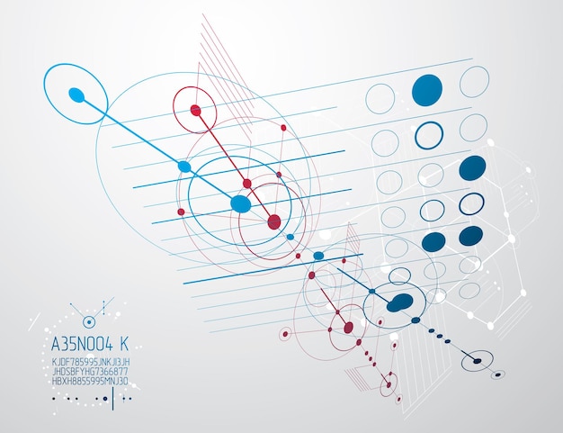 Esquema mecánico, dibujo de ingeniería vectorial con círculos y partes geométricas del mecanismo. El plan técnico se puede utilizar en el diseño web y como fondo de pantalla o fondo.