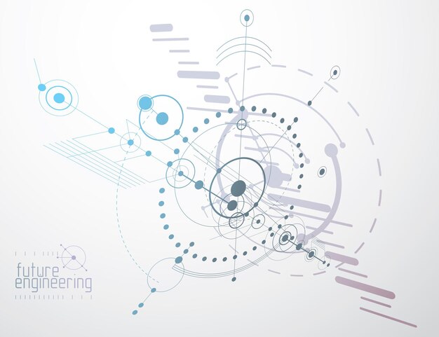 Esquema mecánico, dibujo de ingeniería vectorial con círculos y partes geométricas del mecanismo. El plan técnico se puede utilizar en el diseño web y como fondo de pantalla o fondo.