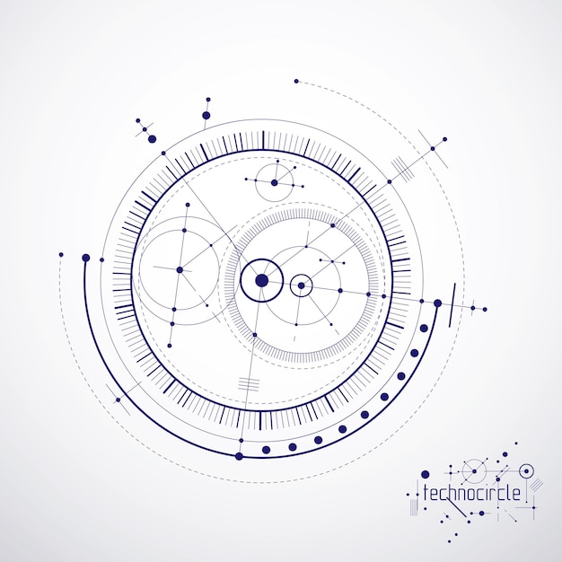 Esquema mecánico, dibujo de ingeniería vectorial con círculos y partes geométricas del mecanismo. El plan técnico se puede utilizar en el diseño web y como fondo de pantalla o fondo.