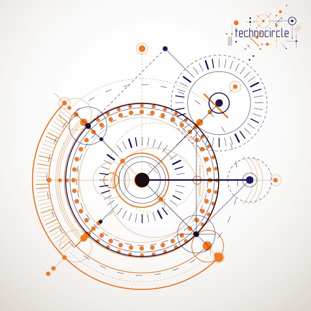 Esquema mecánico, dibujo de ingeniería vectorial con círculos y partes geométricas del mecanismo. El plan técnico se puede utilizar en el diseño web y como fondo de pantalla o fondo.