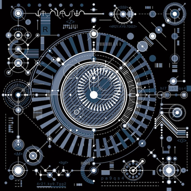 Vector esquema mecánico, dibujo de ingeniería vectorial con partes geométricas del mecanismo. el proyecto industrial futurista se puede utilizar en diseño web y como papel tapiz.