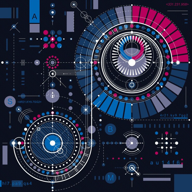 Vector esquema mecánico, dibujo de ingeniería vectorial con partes geométricas del mecanismo. el proyecto industrial futurista se puede utilizar en diseño web y como papel tapiz.