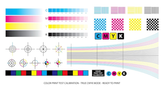 Esquema de mezcla de colores o concepto de calibración de prueba de impresión en color vector eps