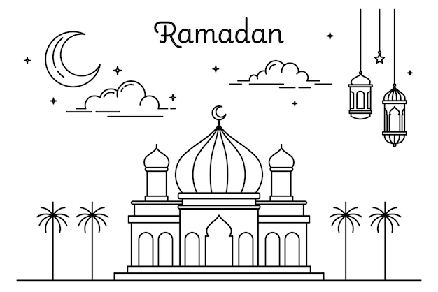 Esquema de la mezquita celebración del mes de ramadán concepto de diseño monoline