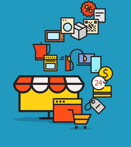 Esquema moderno de comercio web. Concepto de compras de diseño plano