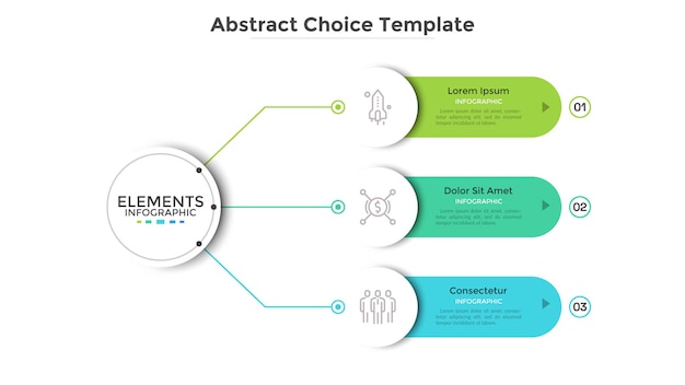 Esquema moderno con tres elementos blancos redondos de papel conectados al círculo principal. Concepto de 3 opciones de negocio a elegir. Plantilla de diseño de infografía abstracta. Ilustración de vector para presentación.