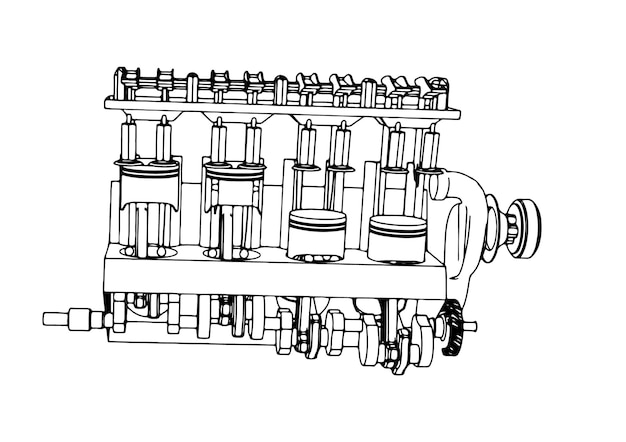 Esquema de un motor de combustión interna en un vector de fondo blanco