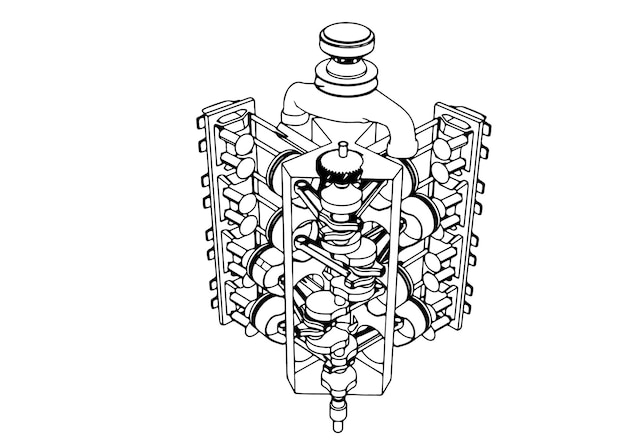 Esquema de un motor de combustión interna en un vector de fondo blanco